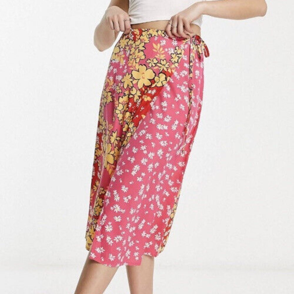 Vibrant Floral Wrap Midi Skirt